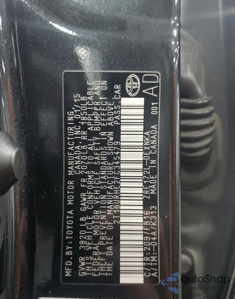 2015 Toyota Corolla L z USA, uszkodzony, nr VIN 2T1BURHE2FC345479